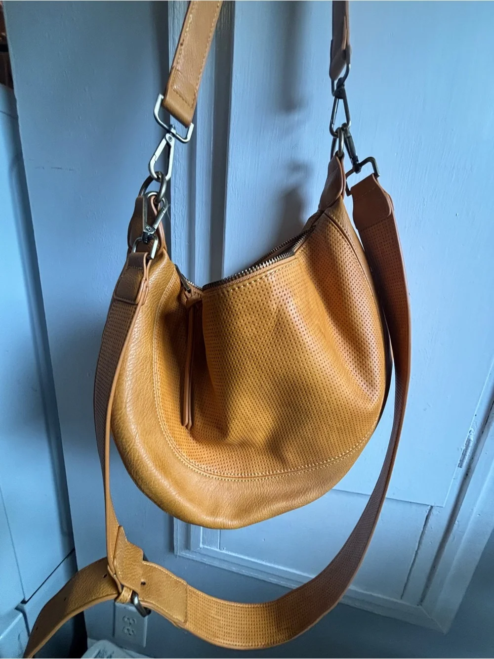 Anthropologie Mustard Tan Perforated Faux Leather Hobo Bag